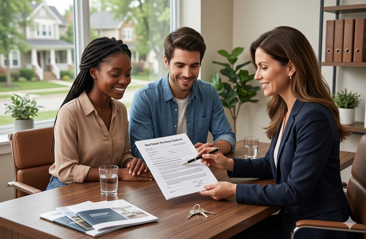 A young couple reviewing and signing a real estate purchase contract with their REALTOR®