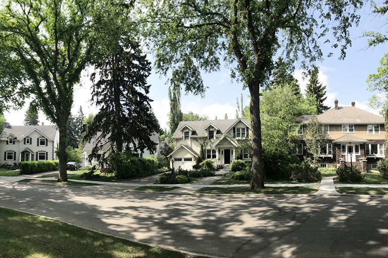 Established Edmonton residential street with mature trees and character homes in summer, representative of the inner-city neighbourhoods where Westmount sits.