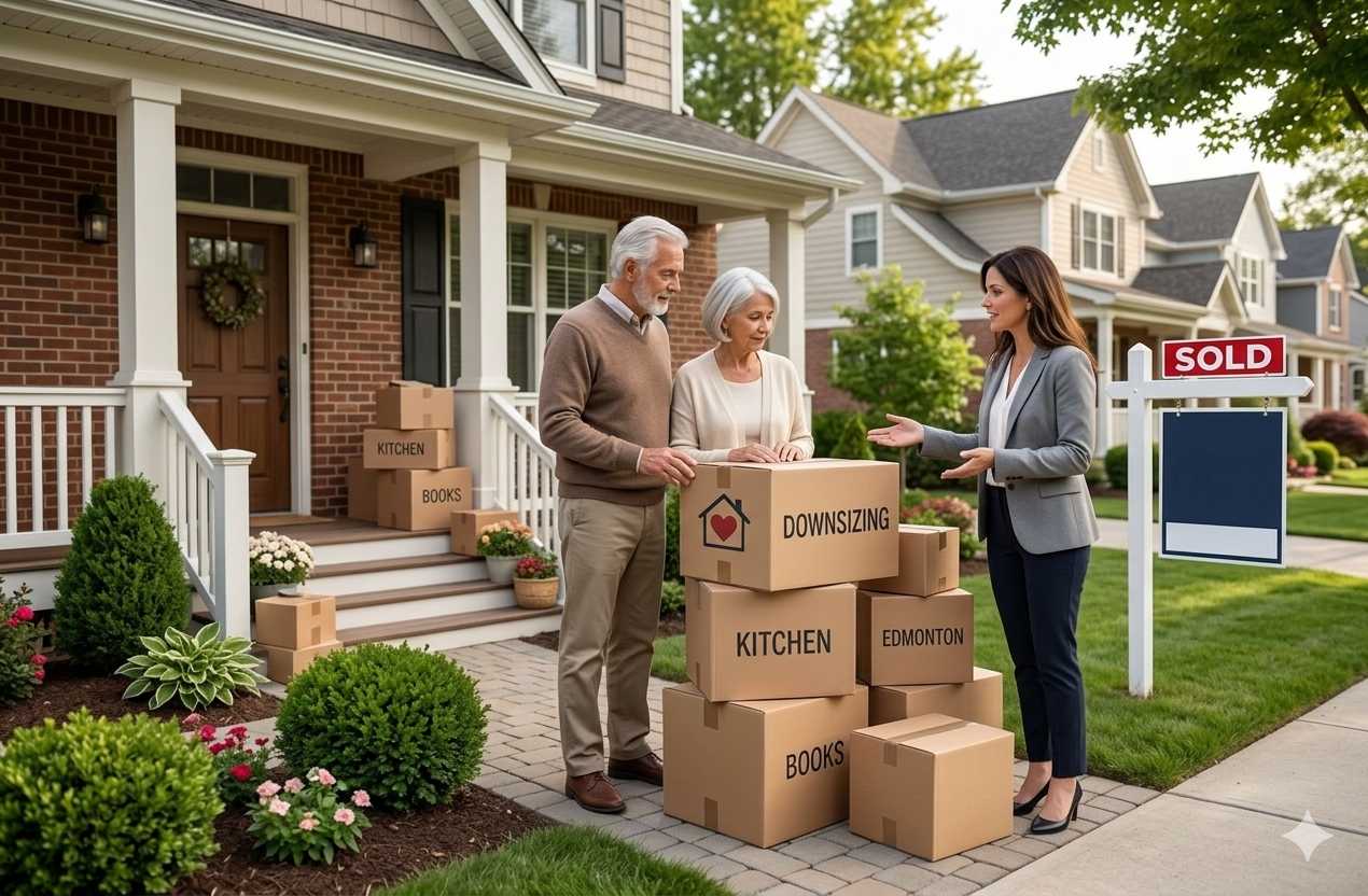 Senior couple reviewing moving boxes with their REALTOR® outside a sold home, illustrative of the within-neighbourhood downsizer move common among homes for sale in Glenora.