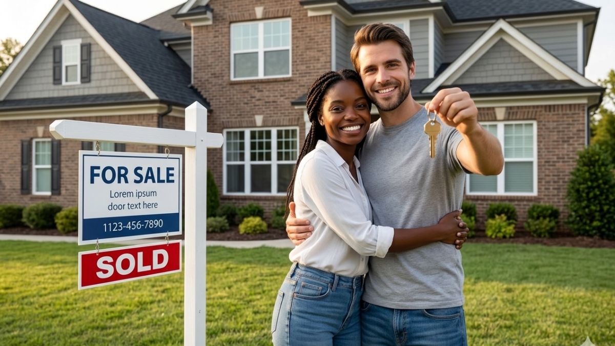 A young couple holding keys outside a new home with a sold sign on the front lawn
