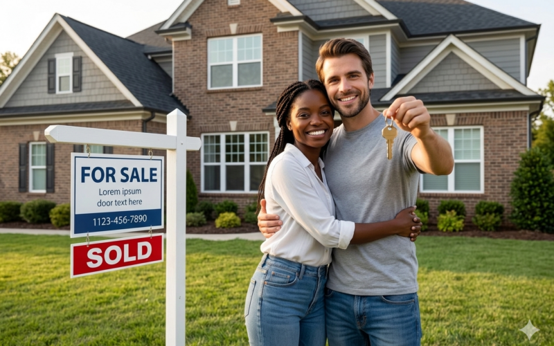 A young couple holding keys outside a new home with a sold sign on the front lawn