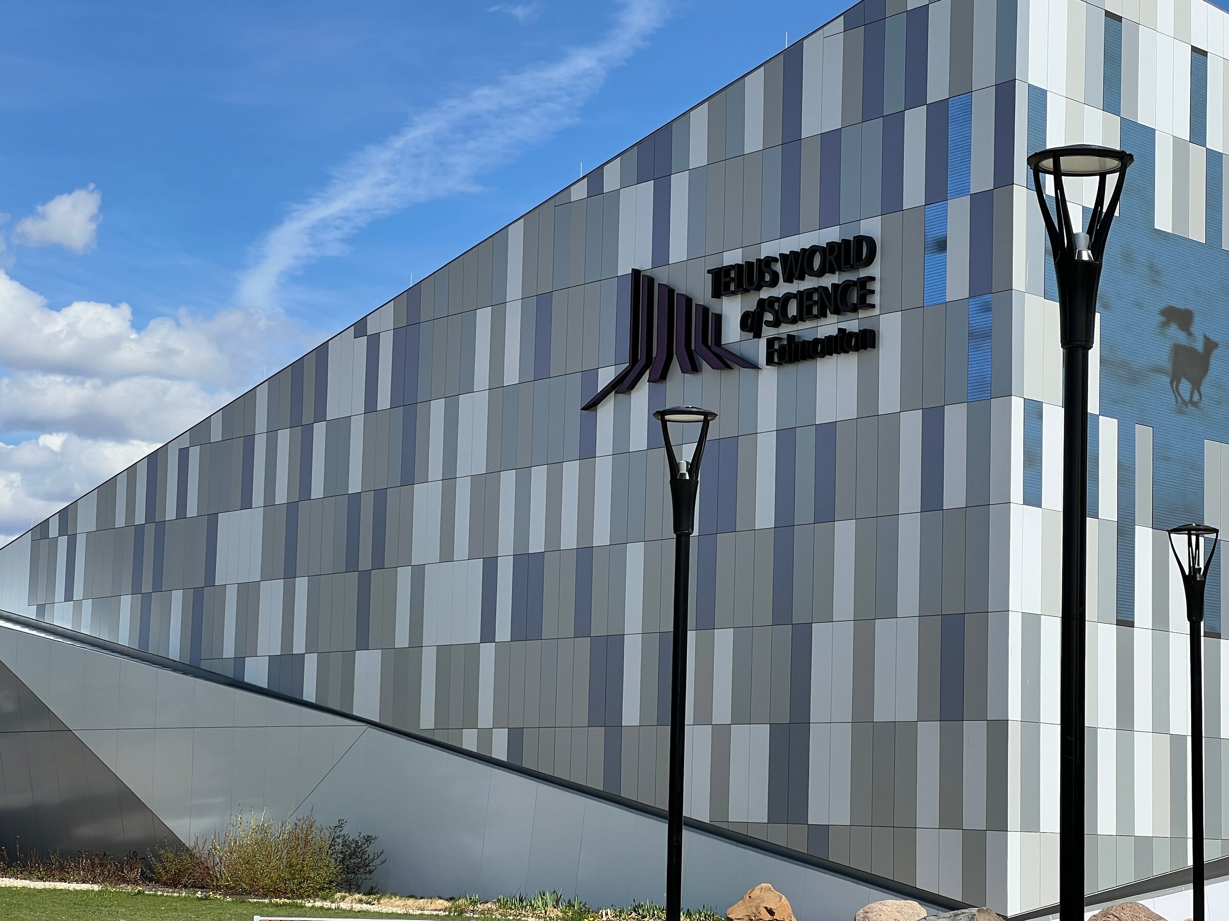 TELUS World of Science building with its striped facade at Coronation Park in Woodcroft, Edmonton
