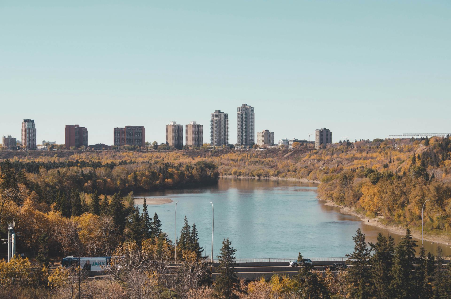 Fall colours along the North Saskatchewan River valley with the Oliver high-rises on the skyline behind